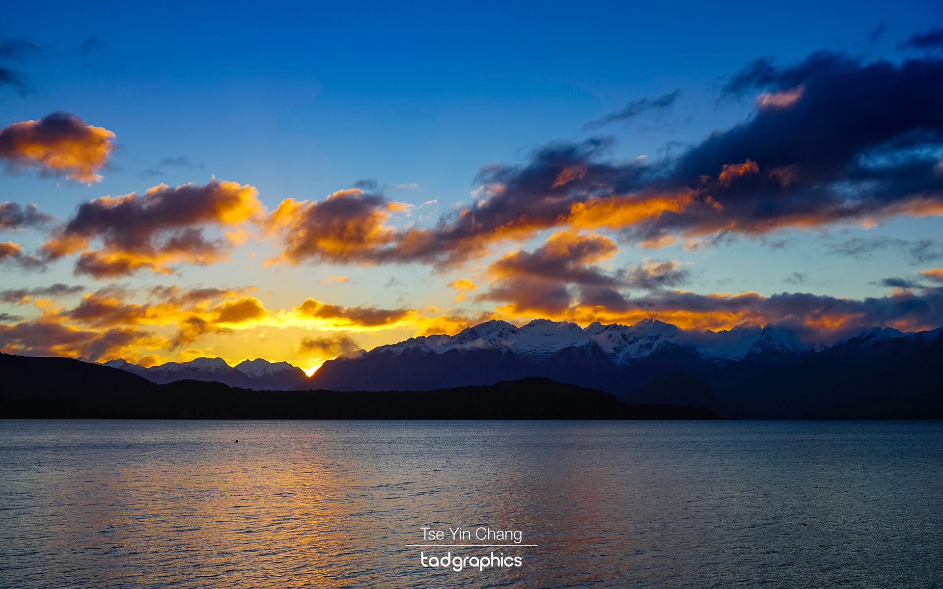 Colourful sunset over the fjords, Lake Manapouri