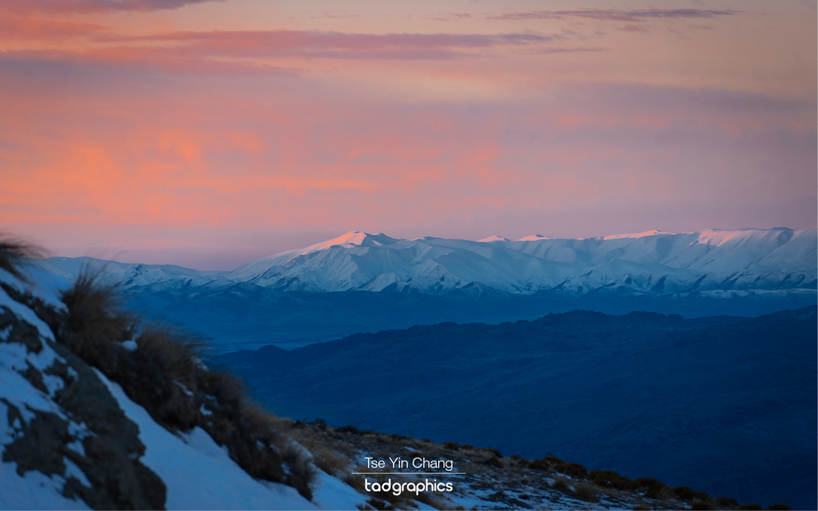 Vivid winter sunset taken from Duffers Saddle, New Zealand’s highest public road, reaching a height of 1,300 meters above sea level