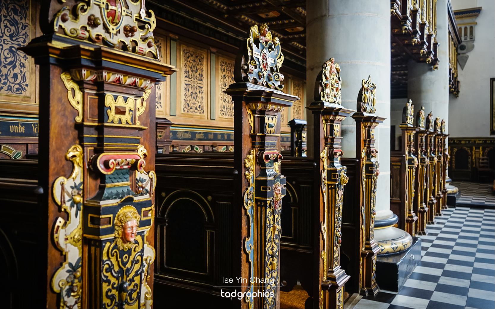 The pews topped with a painted headpiece found inside the Chapel in Kronborg Castle is unique and depicts various aspects of the royal coat of arms and religious figures and symbols.