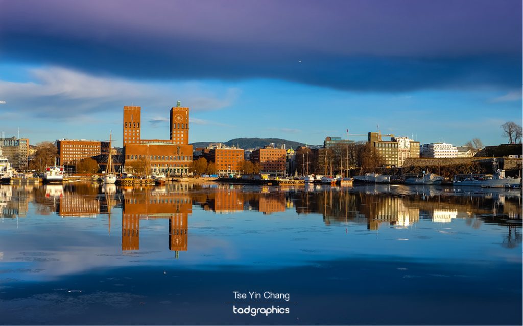 Perfect reflection of Oslo waterfront