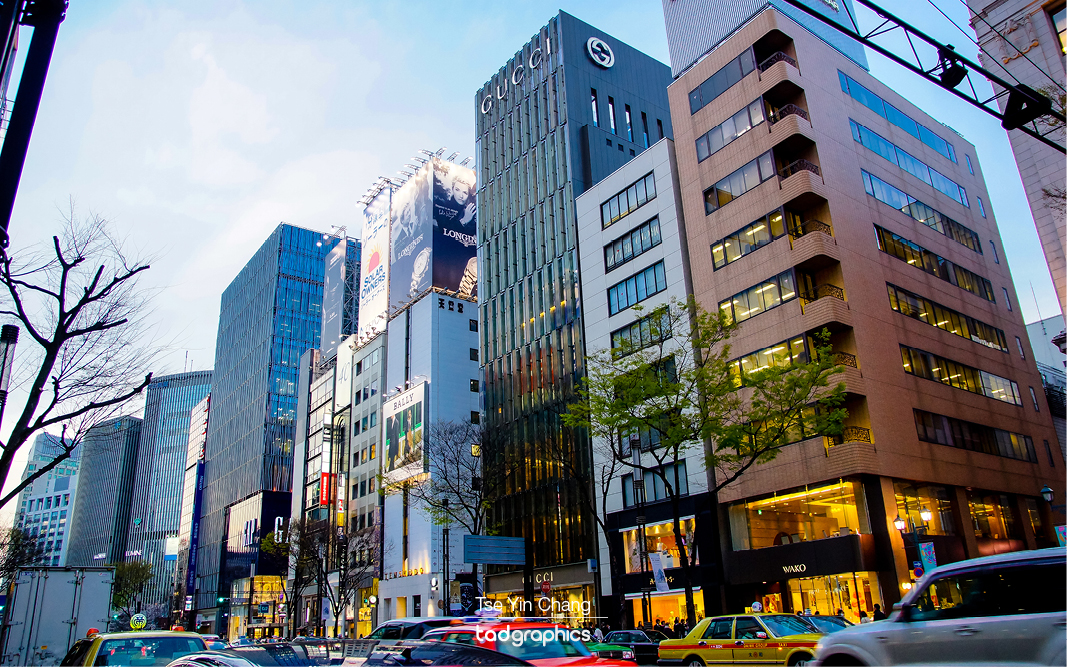 Ginza is Tokyo's most famous upmarket shopping, dining and entertainment district. It is also one of the most expensive real estate in Japan.
