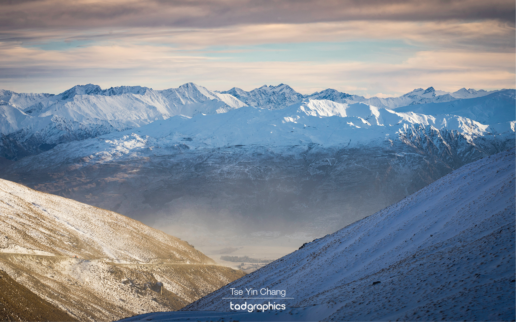 The dramatic mountain range towers over Queenstown, taken from the Remarkables at sunrise