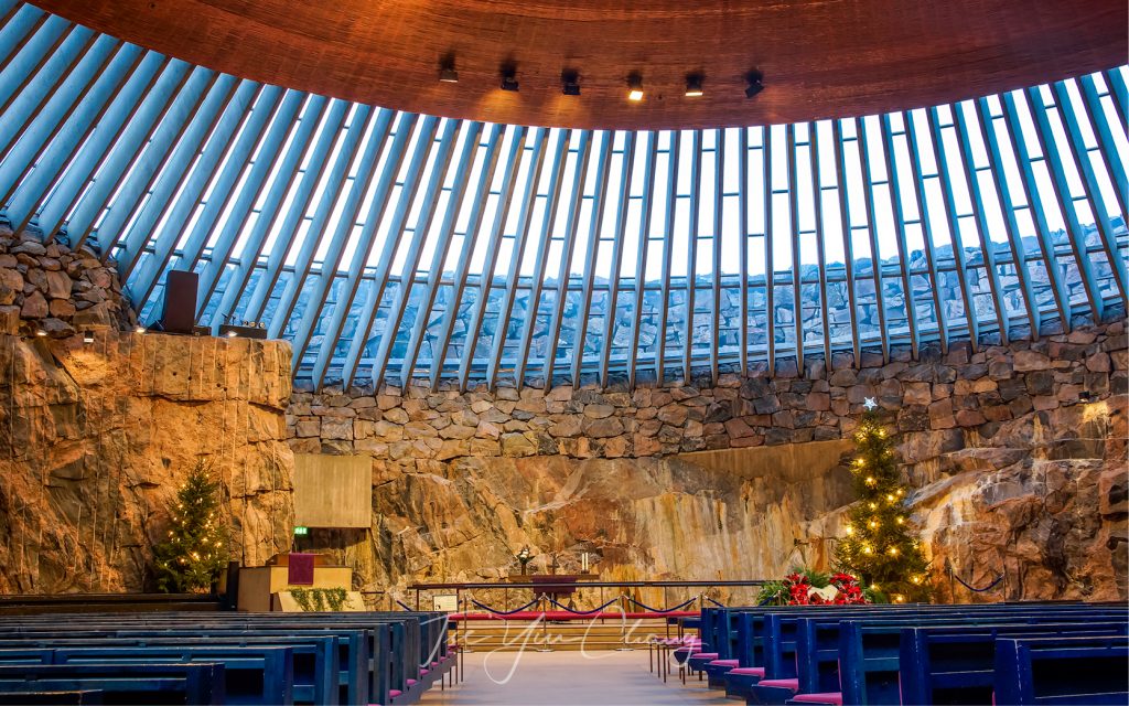 The inside of Temppeliaukio Church, also known as the "Rock Church"